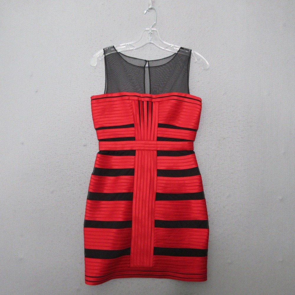 BCBGMAXAZRIA Dress 6 Red Striped Mesh‎ Illusion Bandage Bodycon Y2K 90s Clubbing